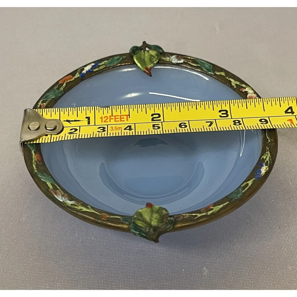 Vintage Small Blue Glass Bowl / Ashtray with Cooper Ring Painted Enameled Leaves